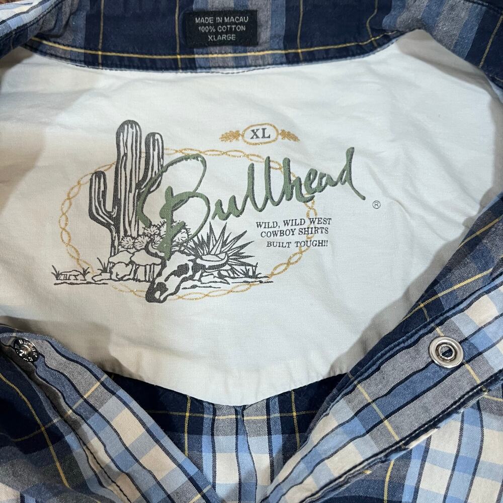 Bullhead Men's Western Short Sleeve Pearl Snap Shirt Blue Plaid XL - Picture 4 of 7